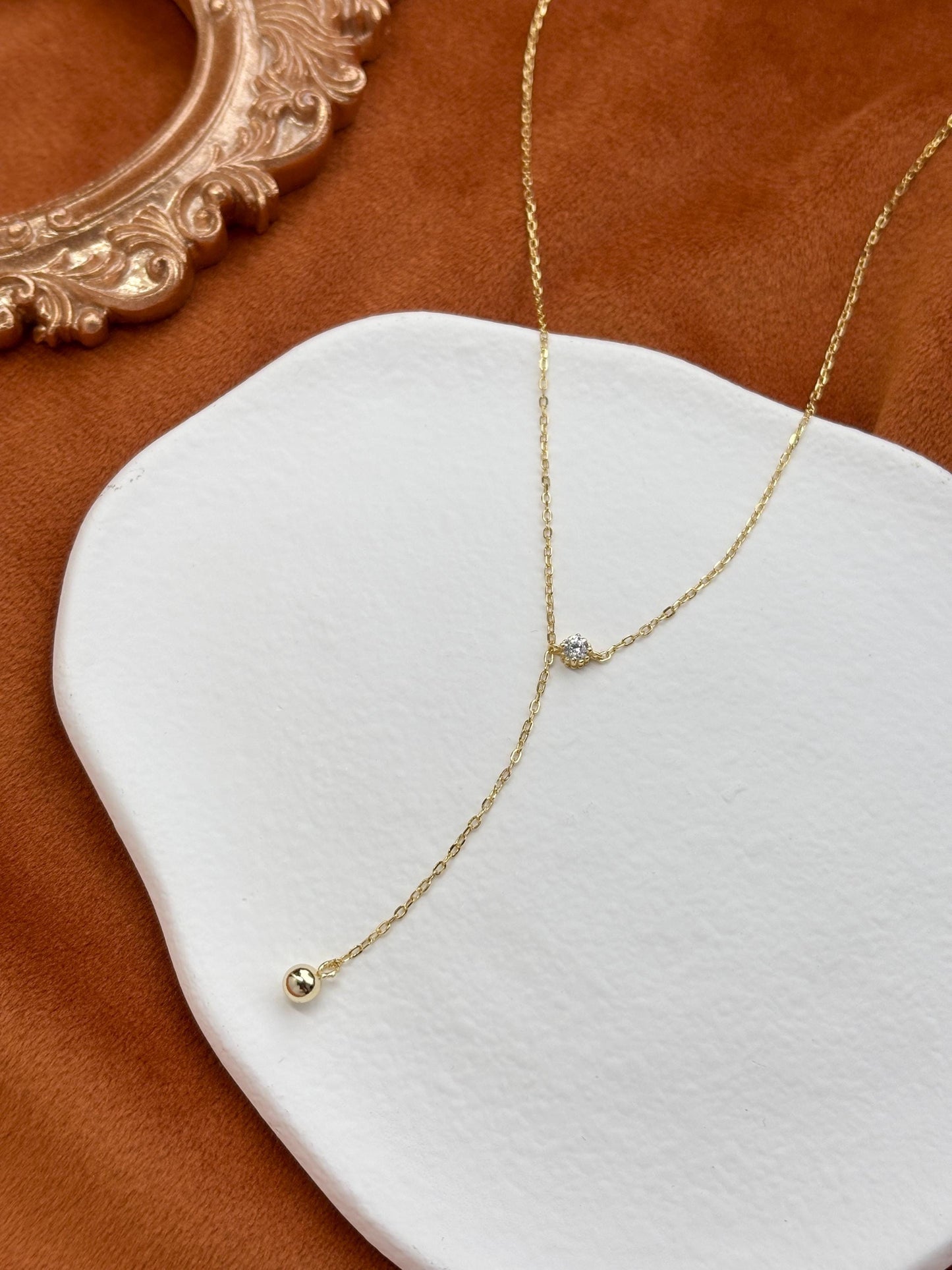 Dainty Chain Y Shaped Lariat Necklace, Gold Plated Sterling Silver Zircon Clavicle Necklace Jewelry, Elegant Bead Pendant Necklace Jewellery
