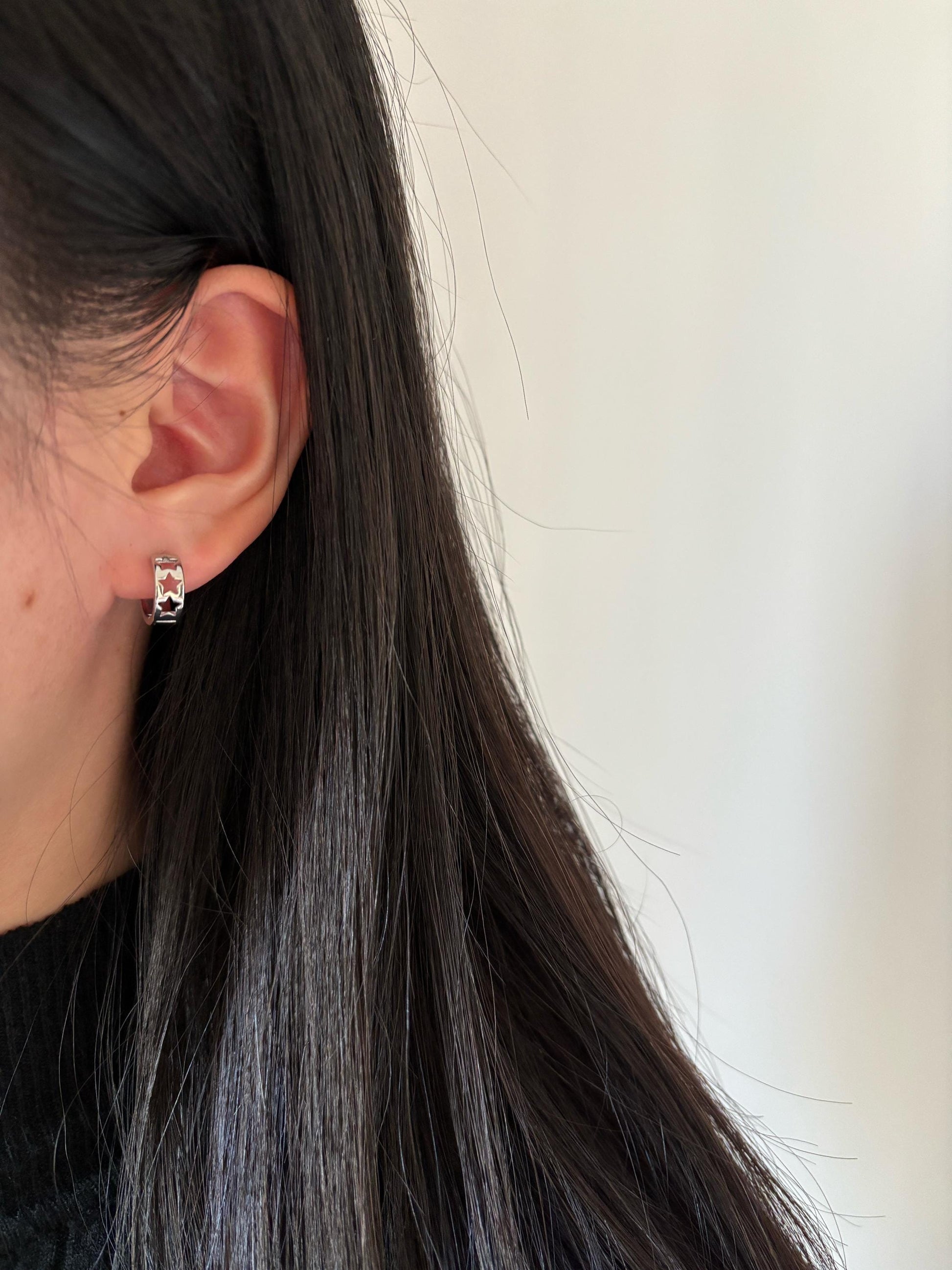 Silver Cut Out Star Hoop Earrings, Golden Hallow Star Huggie Jewelry, Daily Basic Everyday Hoop, Gold Plated 925 Sterling Silver Jewellery