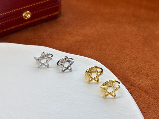 Silver Five Pointed Star Hoop Earrings, Golden Pentagram Huggie Jewelry, Daily Basic Everyday Hoop, Gold Plated Sterling Silver Jewellery