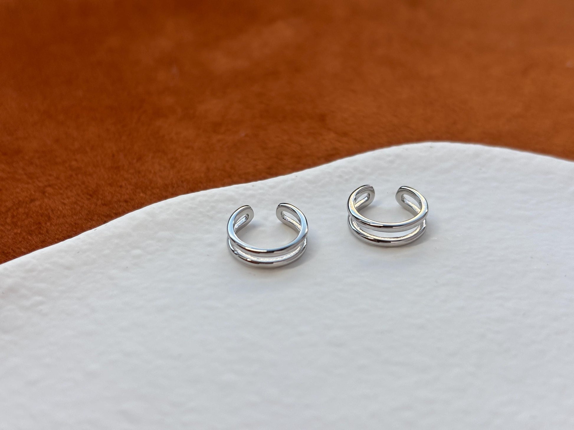 Daily Minimalist Double Layer Ear Cuff, Plain Two Row Non-Piercing Earrings, Gold Plated Silver Jewelry, Everyday Simple Jewellery