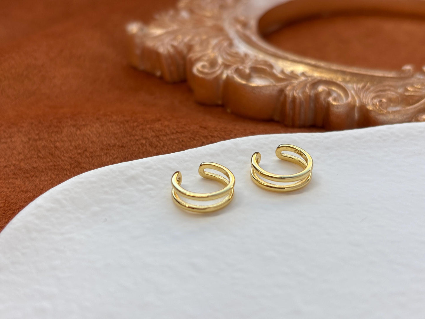 Daily Minimalist Double Layer Ear Cuff, Plain Two Row Non-Piercing Earrings, Gold Plated Silver Jewelry, Everyday Simple Jewellery