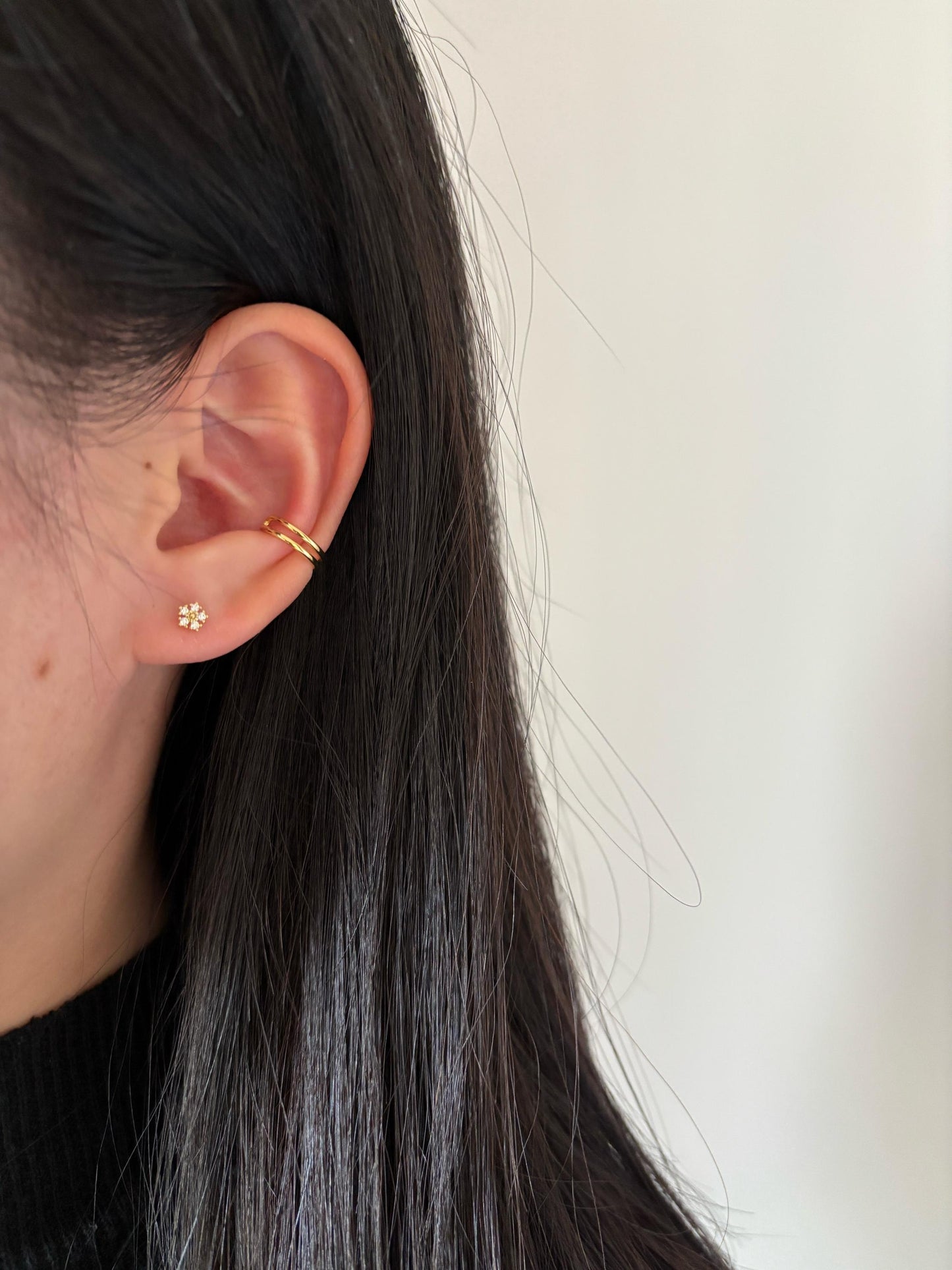 Daily Minimalist Double Layer Ear Cuff, Plain Two Row Non-Piercing Earrings, Gold Plated Silver Jewelry, Everyday Simple Jewellery