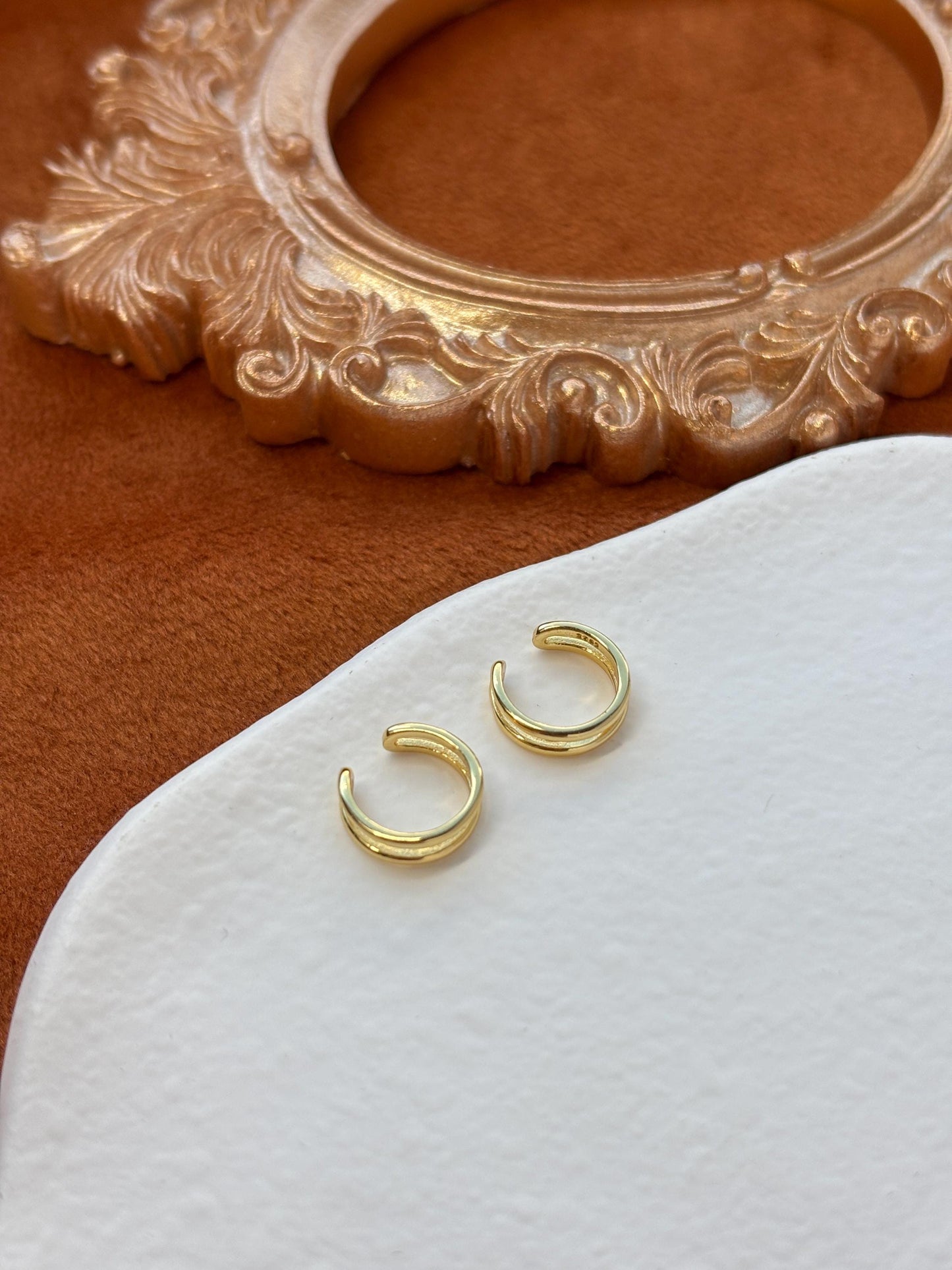 Daily Minimalist Double Layer Ear Cuff, Plain Two Row Non-Piercing Earrings, Gold Plated Silver Jewelry, Everyday Simple Jewellery