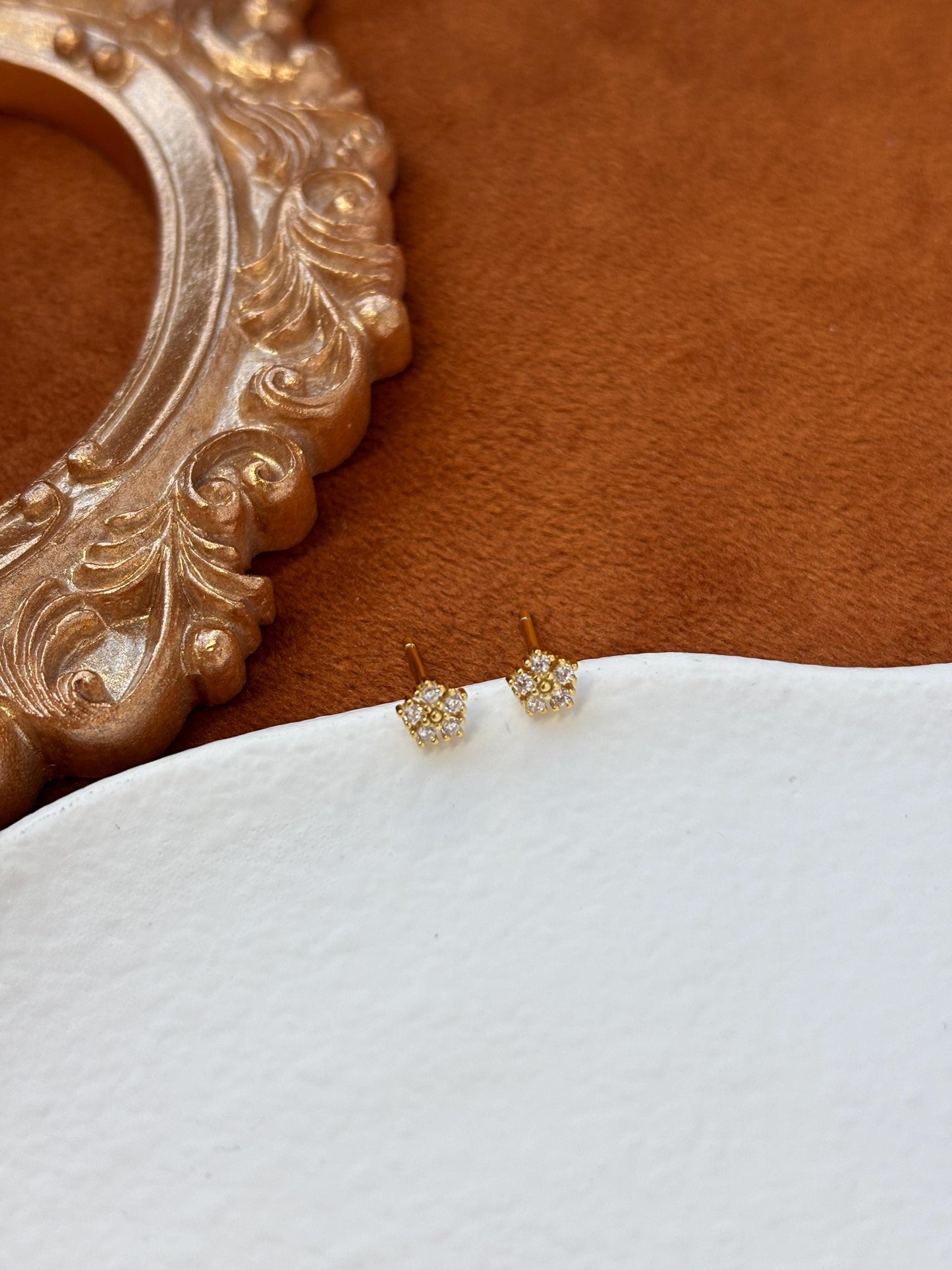 Mini Cute Zircon Flower Stud Earrings, Lovely Golden Five-petaled Flowers Studs, Dainty Elegant Basic Jewellery, Gold Plated Silver Jewelry