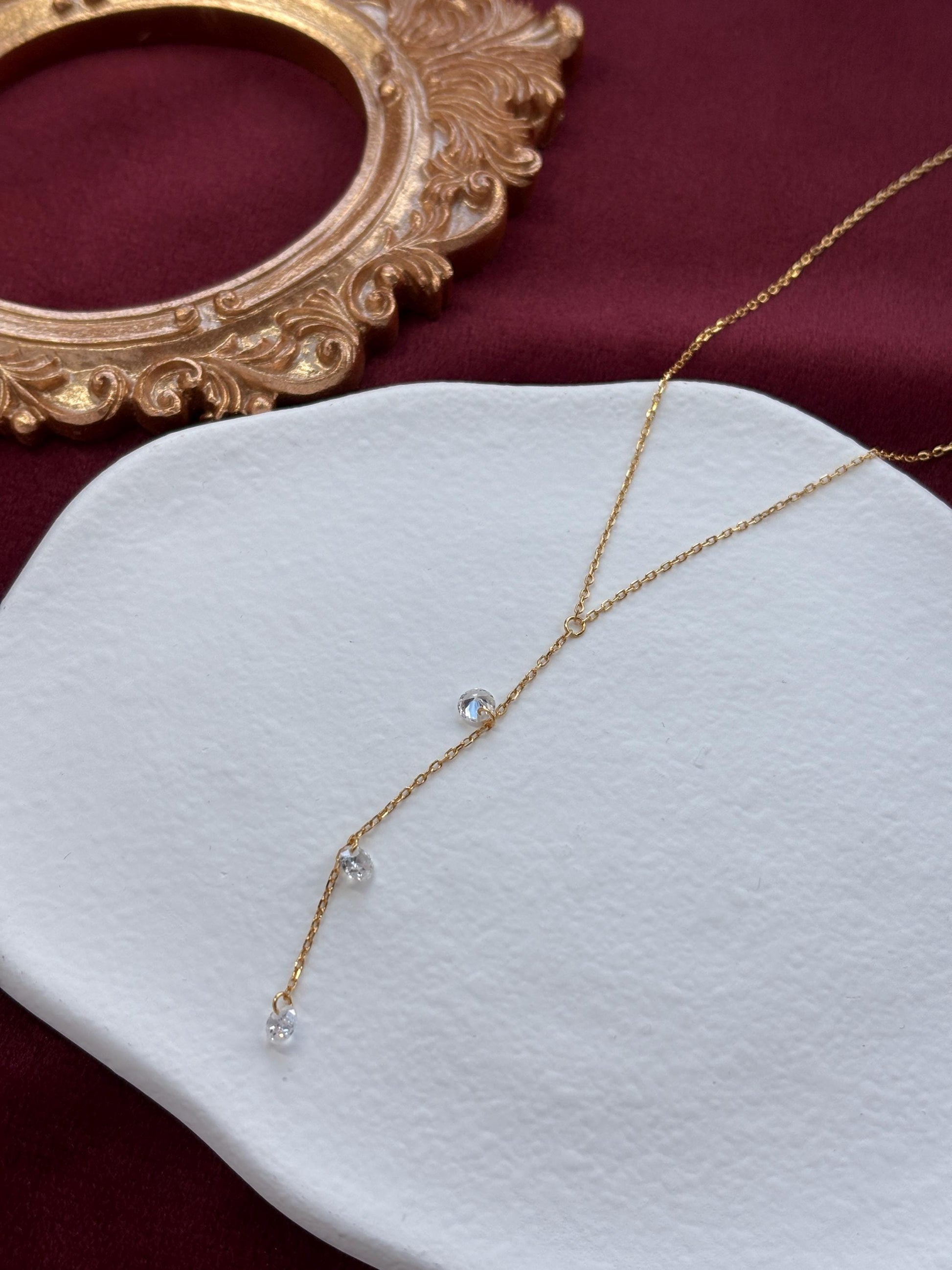 Dainty Y Shaped Lariat Necklace, Gold Plated Sterling Silver Zircon Clavicle Necklace Jewelry, Elegant Silver Chain Beaded Pendant Jewellery