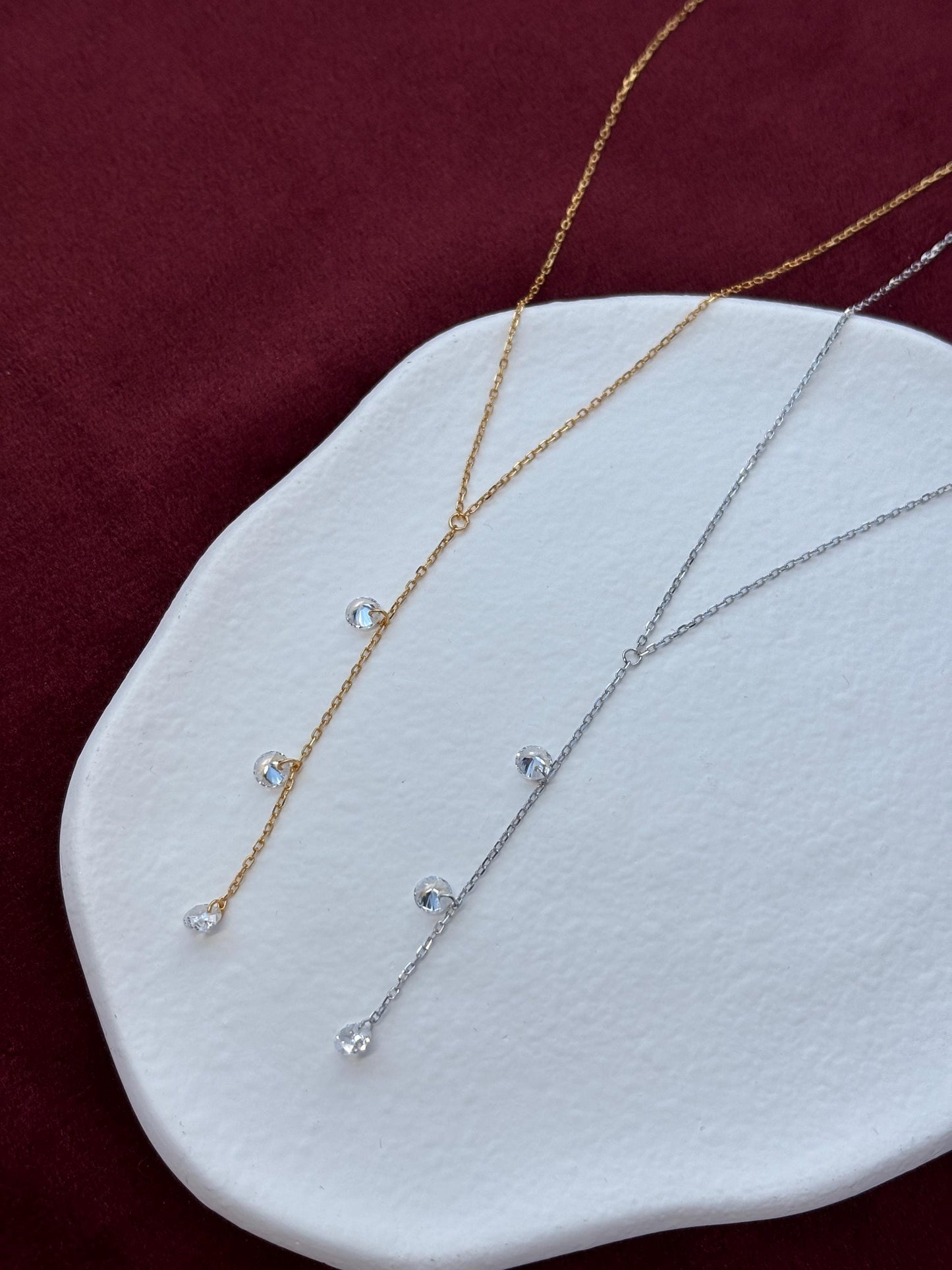 Dainty Y Shaped Lariat Necklace, Gold Plated Sterling Silver Zircon Clavicle Necklace Jewelry, Elegant Silver Chain Beaded Pendant Jewellery