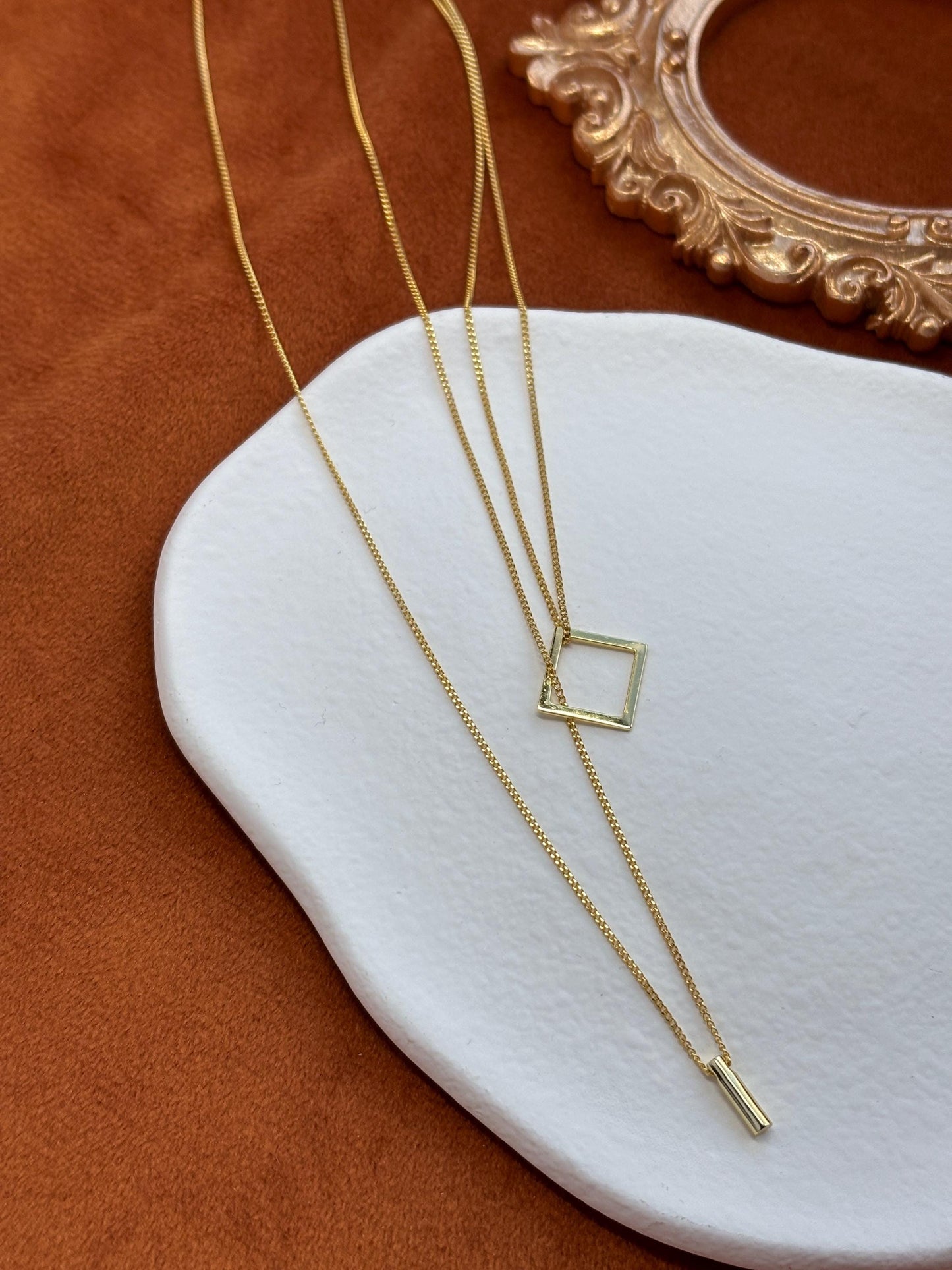 Dainty Golden Chain Lariat Necklace, Square Column Geometric Charm Snake Chain Clavicle Y Shaped Double Layer Necklace Jewelry Jewellery
