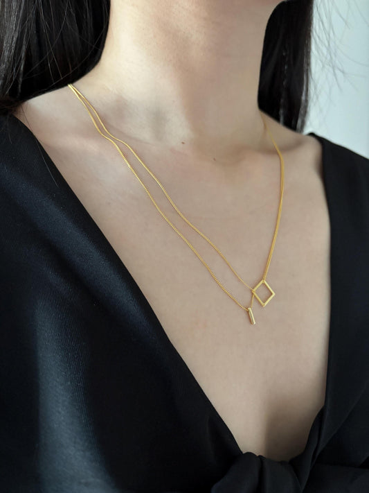 Dainty Golden Chain Lariat Necklace, Square Column Geometric Charm Snake Chain Clavicle Y Shaped Double Layer Necklace Jewelry Jewellery
