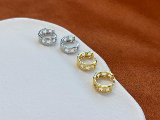 Silver Cut Out Star Hoop Earrings, Golden Hallow Star Huggie Jewelry, Daily Basic Everyday Hoop, Gold Plated 925 Sterling Silver Jewellery