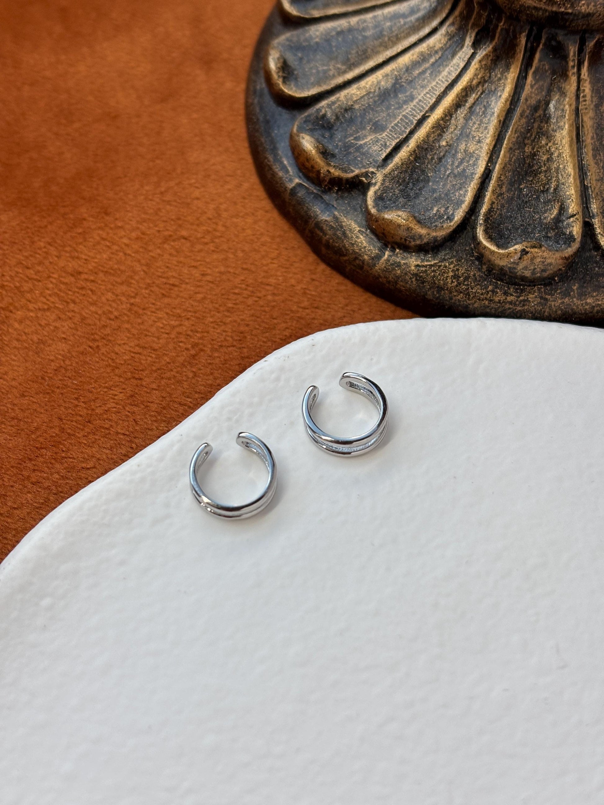 Daily Minimalist Double Layer Ear Cuff, Plain Two Row Non-Piercing Earrings, Gold Plated Silver Jewelry, Everyday Simple Jewellery