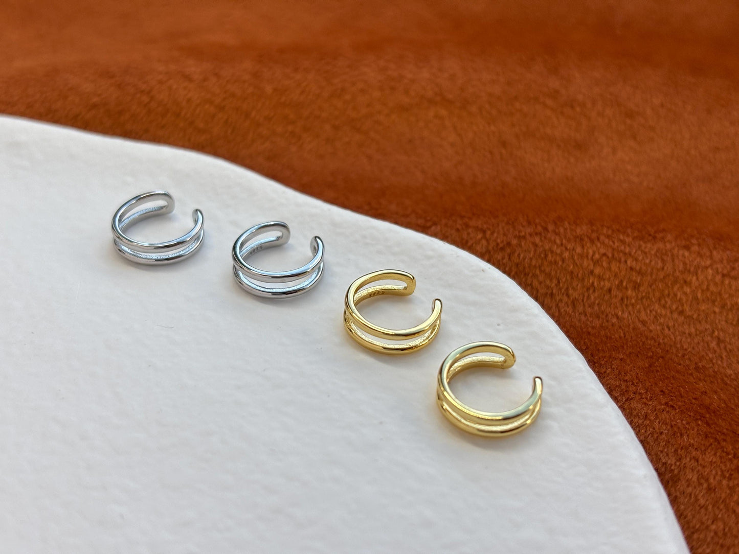 Daily Minimalist Double Layer Ear Cuff, Plain Two Row Non-Piercing Earrings, Gold Plated Silver Jewelry, Everyday Simple Jewellery