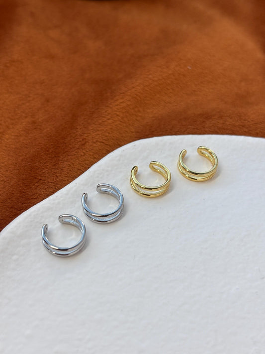 Daily Minimalist Double Layer Ear Cuff, Plain Two Row Non-Piercing Earrings, Gold Plated Silver Jewelry, Everyday Simple Jewellery