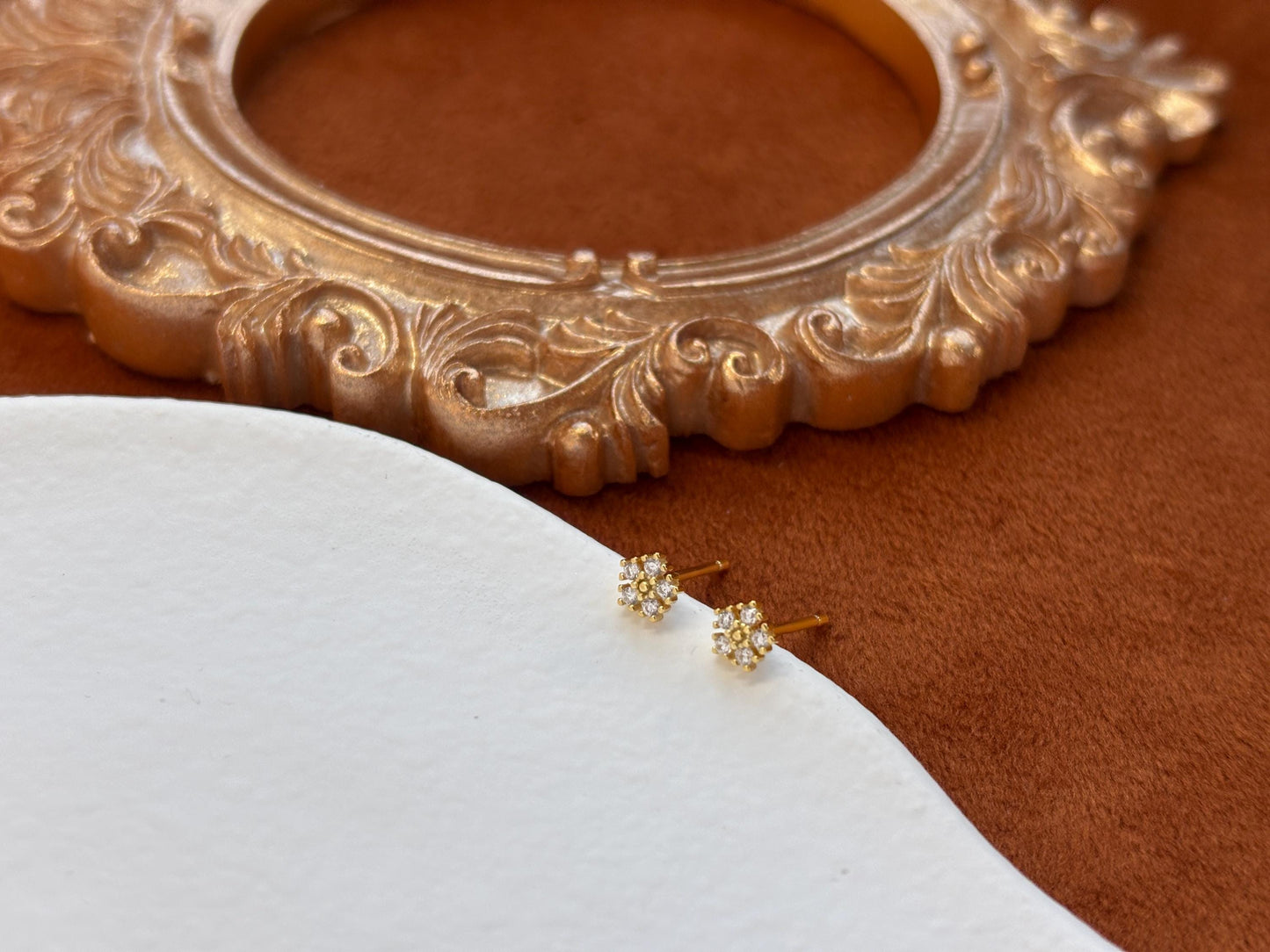 Mini Cute Zircon Flower Stud Earrings, Lovely Golden Five-petaled Flowers Studs, Dainty Elegant Basic Jewellery, Gold Plated Silver Jewelry