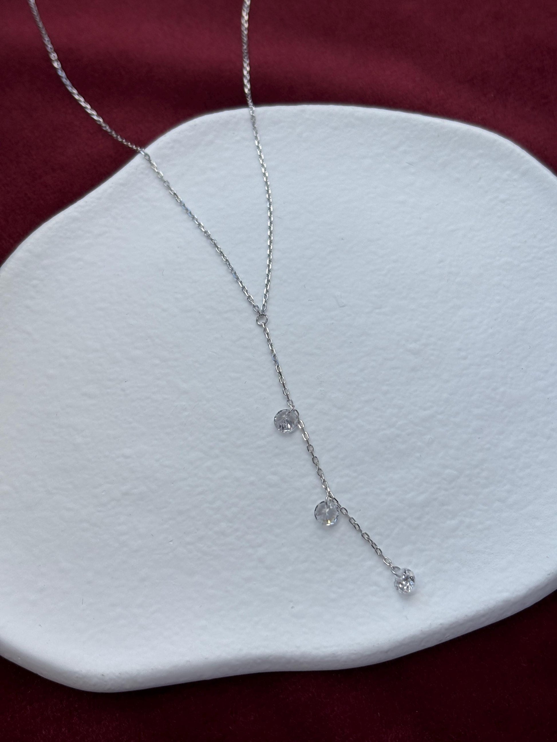 Dainty Y Shaped Lariat Necklace, Gold Plated Sterling Silver Zircon Clavicle Necklace Jewelry, Elegant Silver Chain Beaded Pendant Jewellery