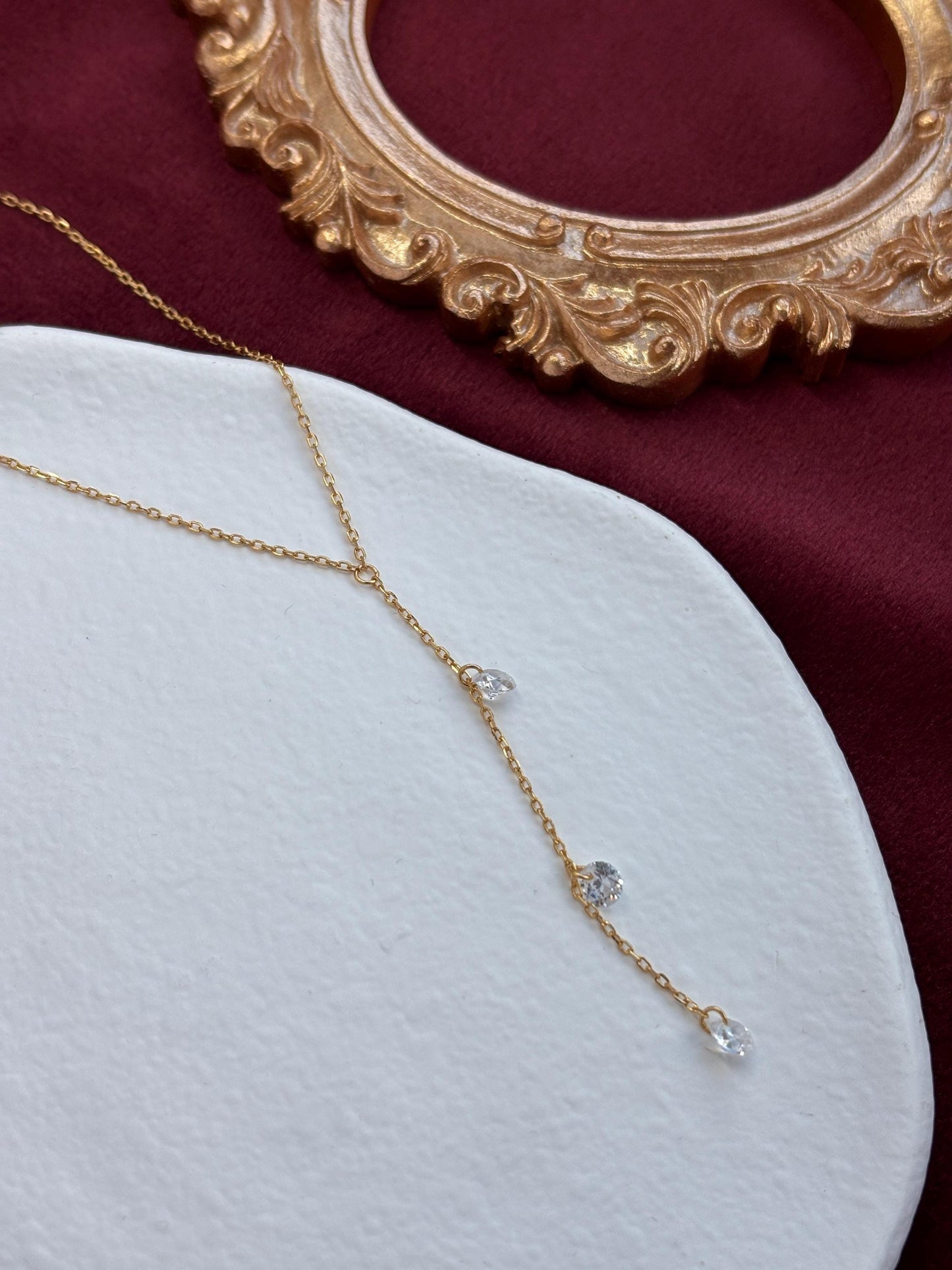Dainty Y Shaped Lariat Necklace, Gold Plated Sterling Silver Zircon Clavicle Necklace Jewelry, Elegant Silver Chain Beaded Pendant Jewellery