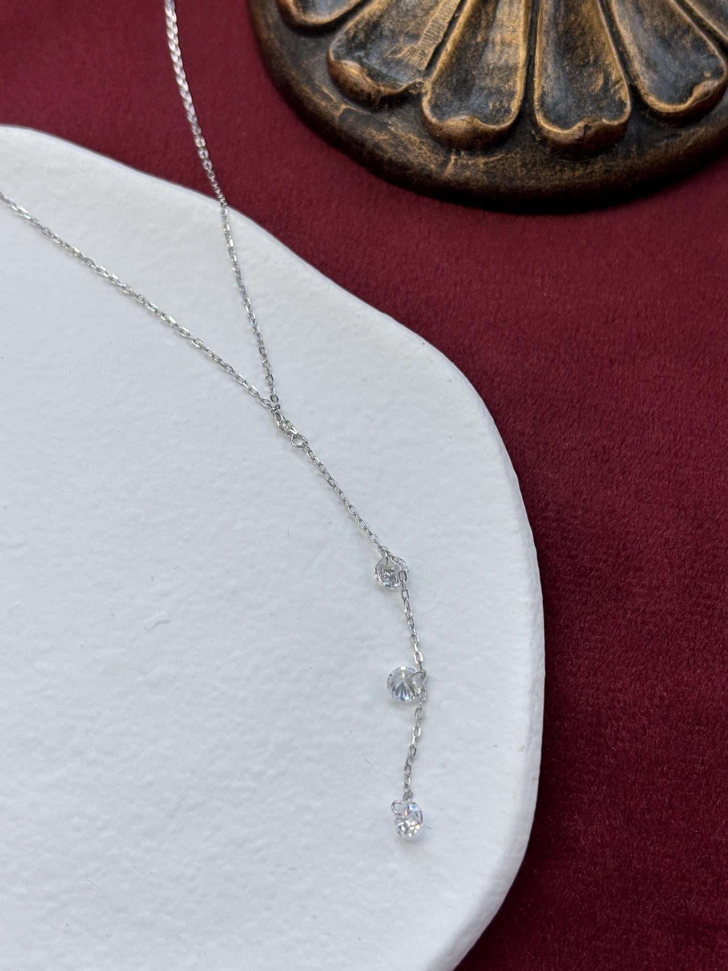 Dainty Y Shaped Lariat Necklace, Gold Plated Sterling Silver Zircon Clavicle Necklace Jewelry, Elegant Silver Chain Beaded Pendant Jewellery