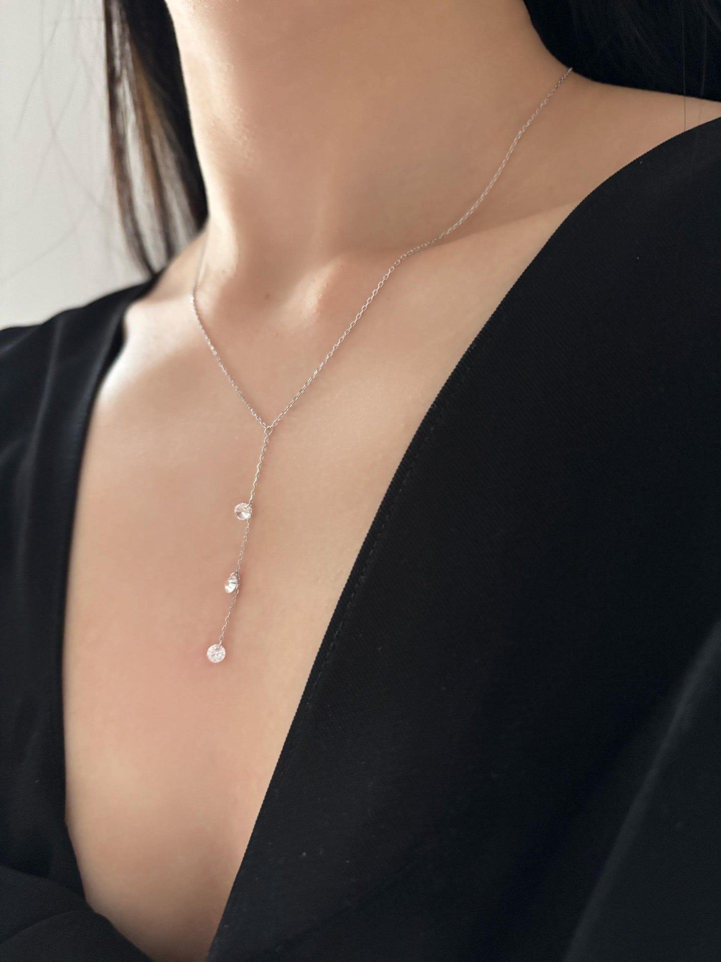 Dainty Y Shaped Lariat Necklace, Gold Plated Sterling Silver Zircon Clavicle Necklace Jewelry, Elegant Silver Chain Beaded Pendant Jewellery