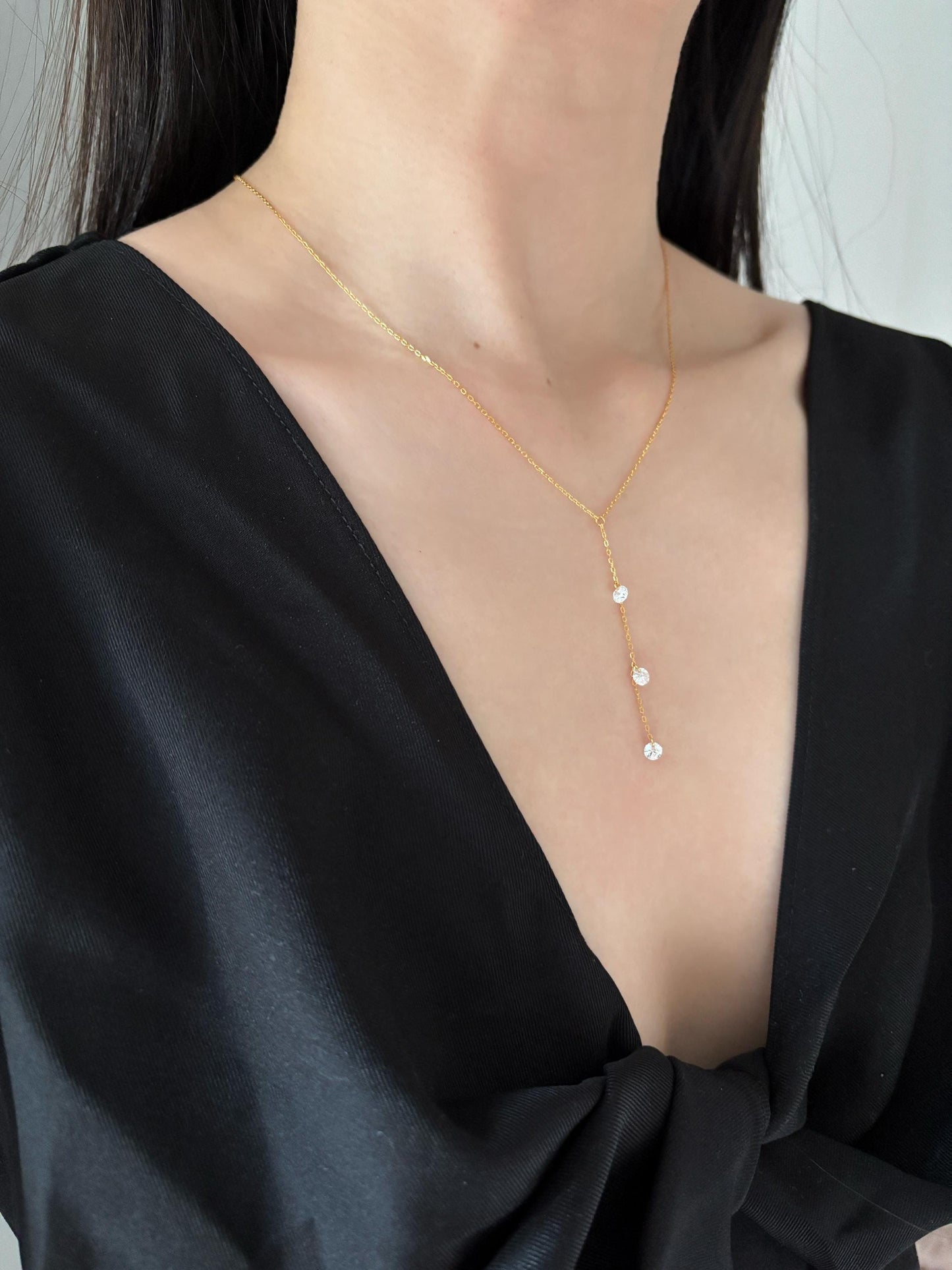 Dainty Y Shaped Lariat Necklace, Gold Plated Sterling Silver Zircon Clavicle Necklace Jewelry, Elegant Silver Chain Beaded Pendant Jewellery