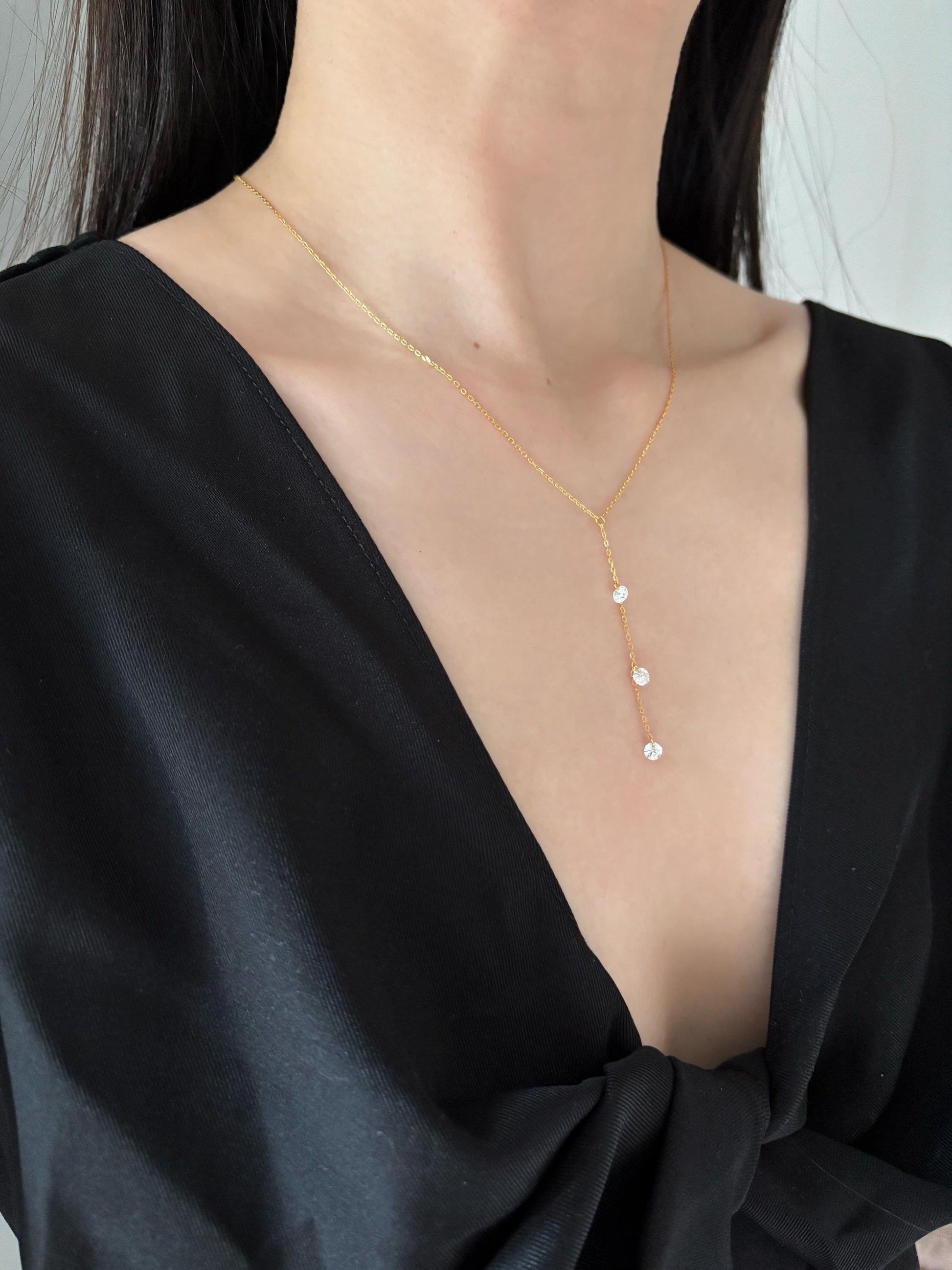 Dainty Y Shaped Lariat Necklace, Gold Plated Sterling Silver Zircon Clavicle Necklace Jewelry, Elegant Silver Chain Beaded Pendant Jewellery
