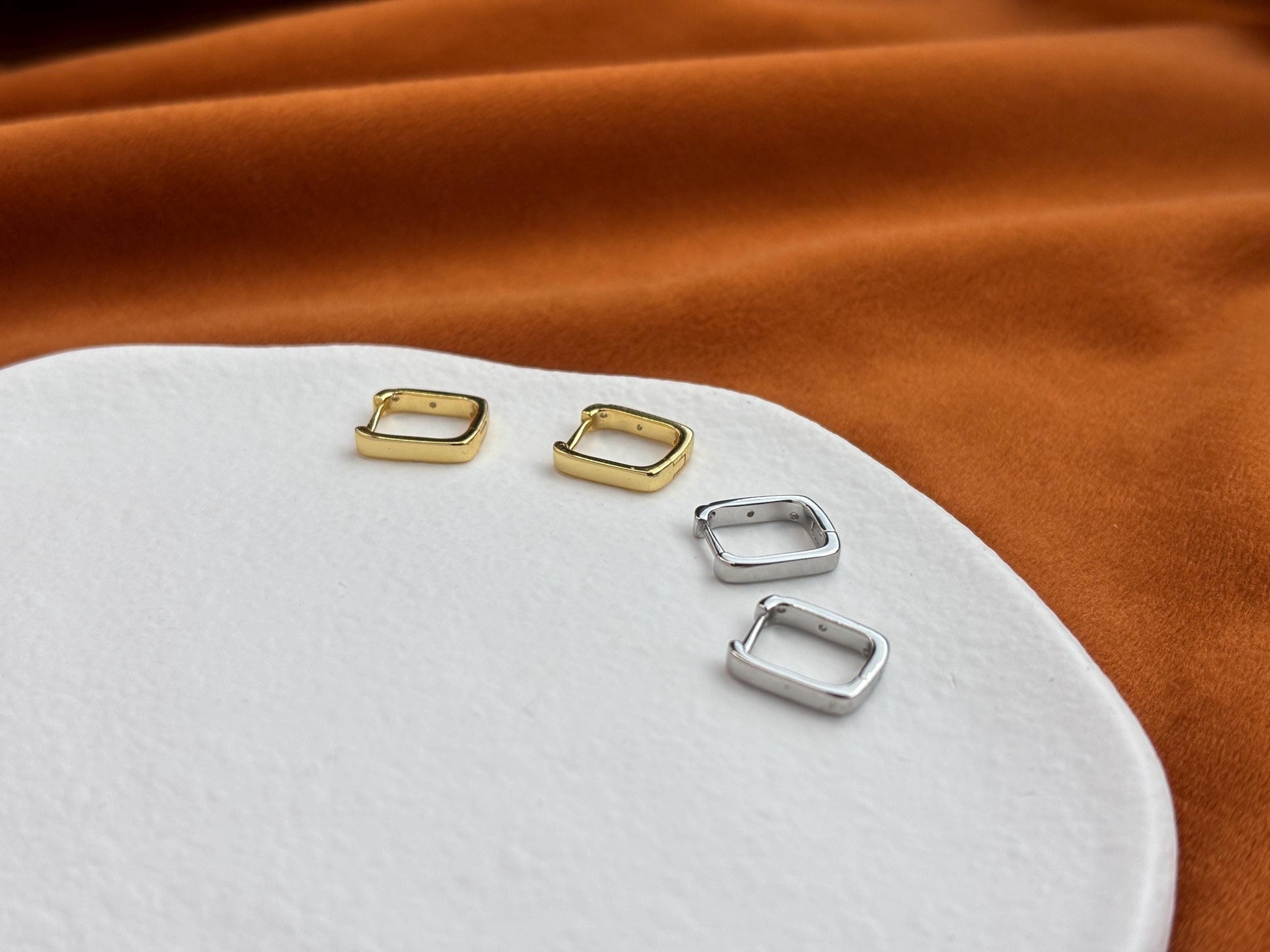 Dainty Shiny Star Square Huggie, Silver Rectangle Hoop Earrings, Daily Basic Geometric Hoop Jewelry, 18K Gold Plated 925 Silver Jewellery