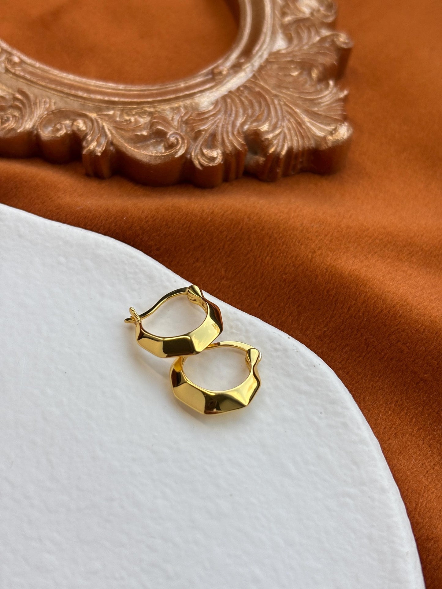 Dainty Silver Hexagon Hoops, Golden Polygon Minimalist Huggie, Irregular Geometric Jewelry, 18K Gold Plated 925 Silver Earrings Jewellery