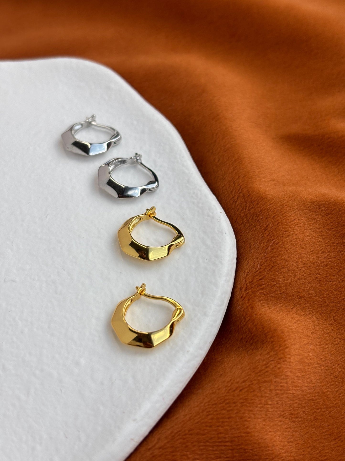 Dainty Silver Hexagon Hoops, Golden Polygon Minimalist Huggie, Irregular Geometric Jewelry, 18K Gold Plated 925 Silver Earrings Jewellery