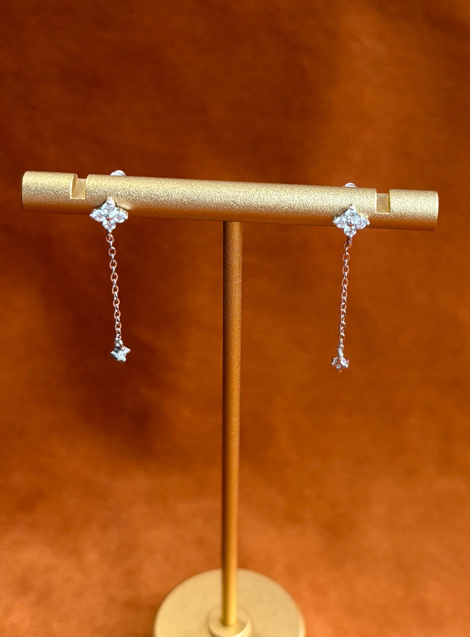 Dainty Cute Clover Drop Earrings, Silver Elegant Four Leaf Flower Dangle Stud Earrings Jewelry, Lovely Shiny Chain Tassel Earrings Jewellery