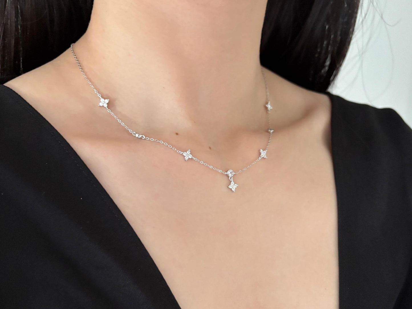 Silver Clover Necklace, Golden Flower Four Leaf Charm Necklace, Floral Gold Plated Sterling Silver Jewellery, Dainty Elegant Jewelry