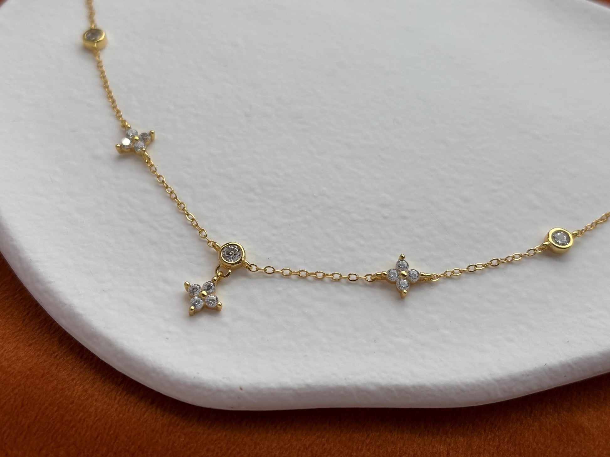 Silver Clover Necklace, Golden Flower Four Leaf Charm Necklace, Floral Gold Plated Sterling Silver Jewellery, Dainty Elegant Jewelry