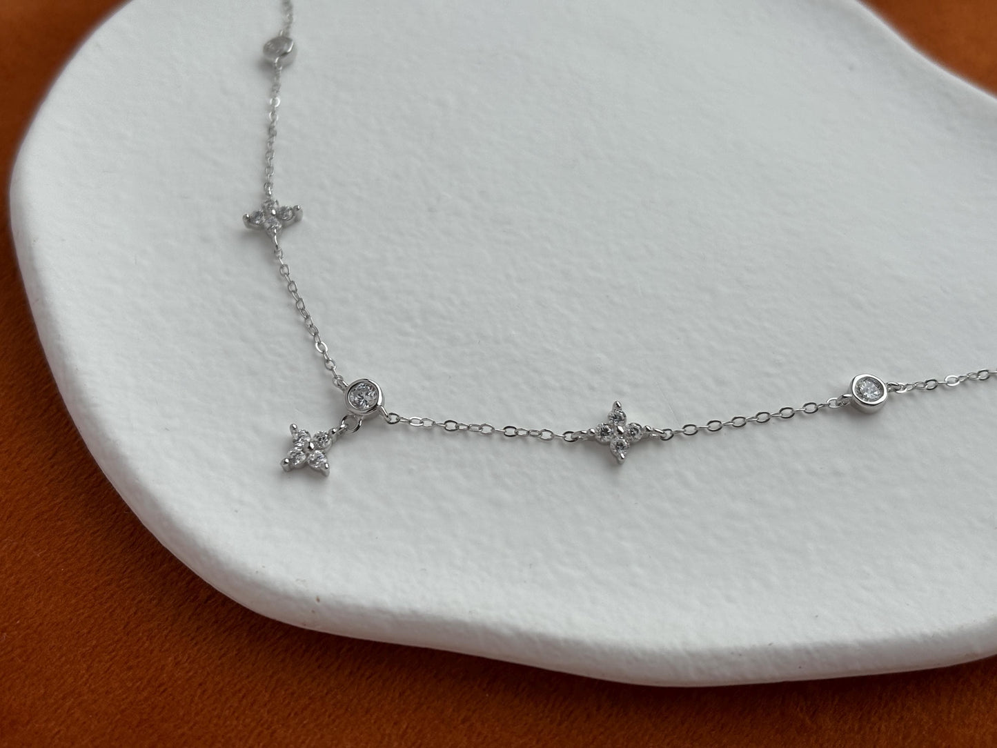 Silver Clover Necklace, Golden Flower Four Leaf Charm Necklace, Floral Gold Plated Sterling Silver Jewellery, Dainty Elegant Jewelry