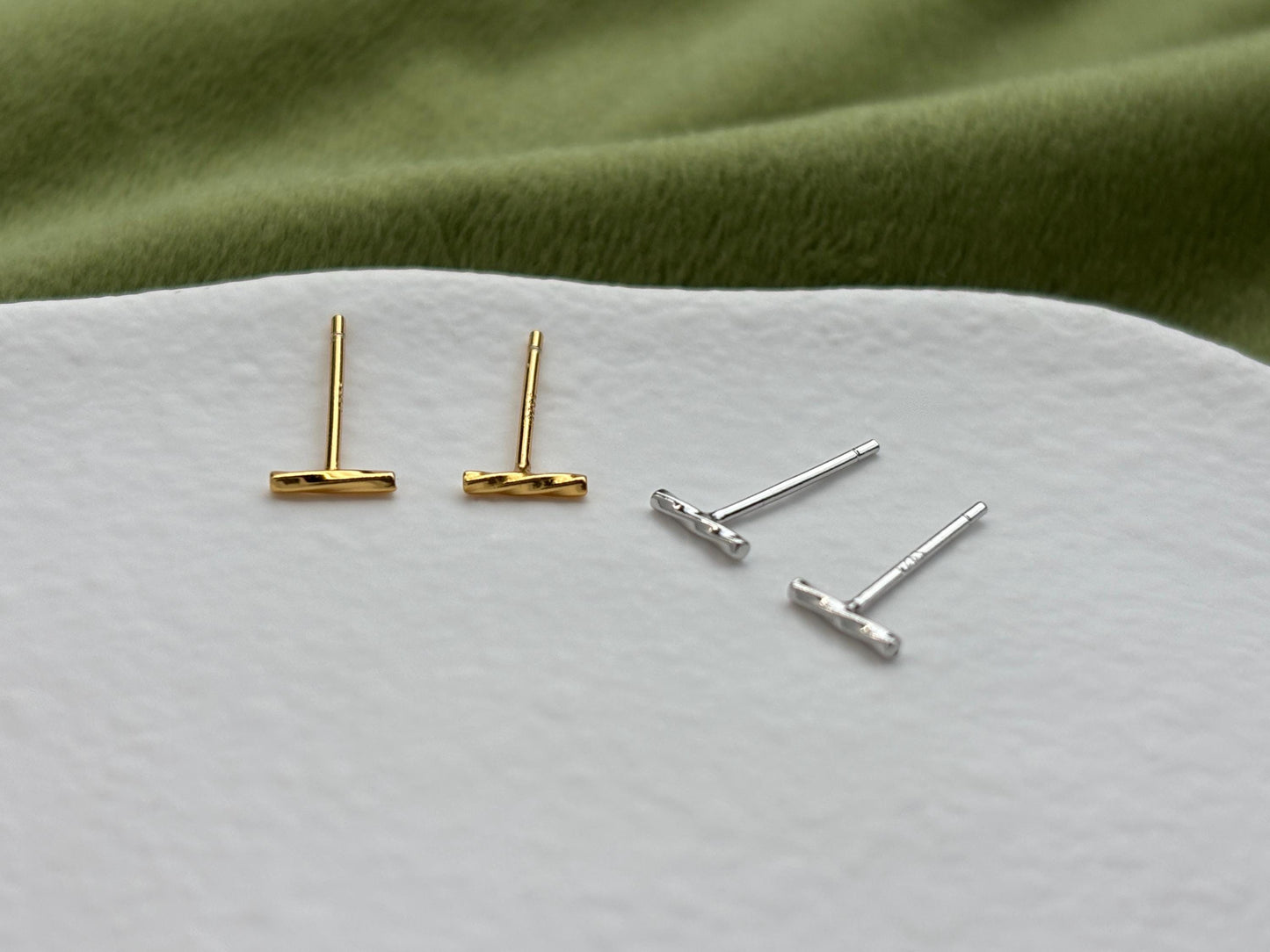 Mini Twisted Bar Stud Earrings, Golden Cylinder Geometric Studs, 18K Gold Plated 925 Sterling Silver Earrings Jewellery, Daily Basic Jewelry