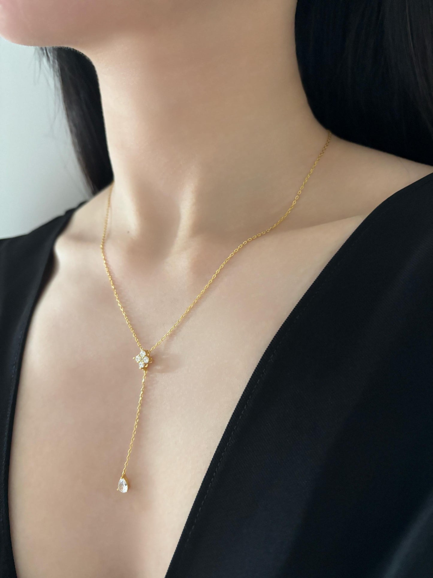 Dainty Clover Y Shaped Lariat Necklace, Gold Plated Silver Four Leaf Flower Clavicle Chain Necklace Jewelry, Elegant Bead Pendant Jewellery