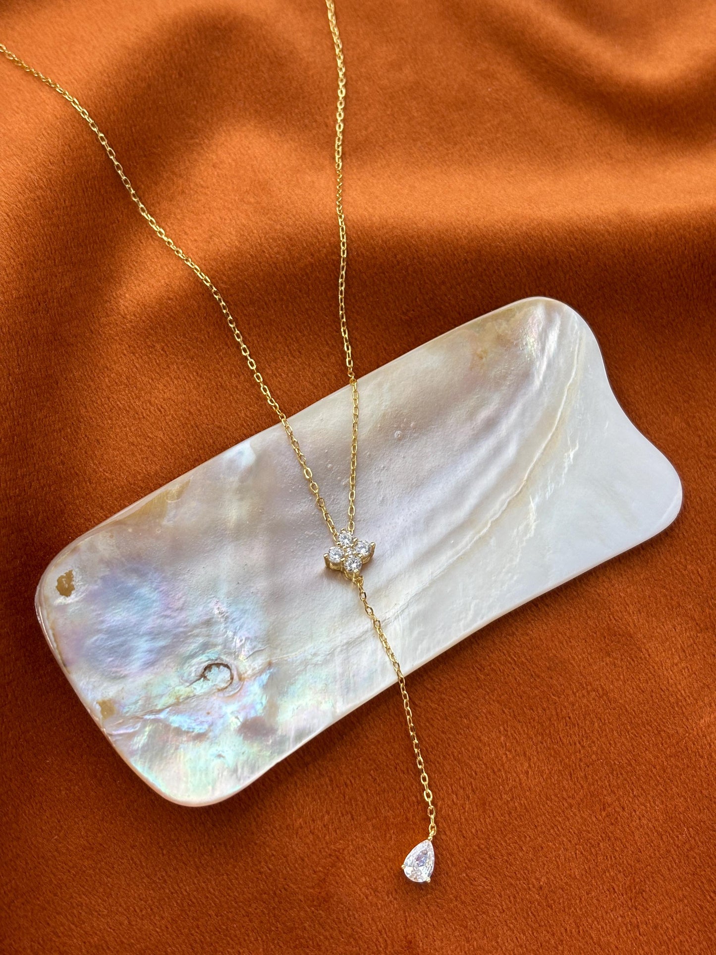 Dainty Clover Y Shaped Lariat Necklace, Gold Plated Silver Four Leaf Flower Clavicle Chain Necklace Jewelry, Elegant Bead Pendant Jewellery