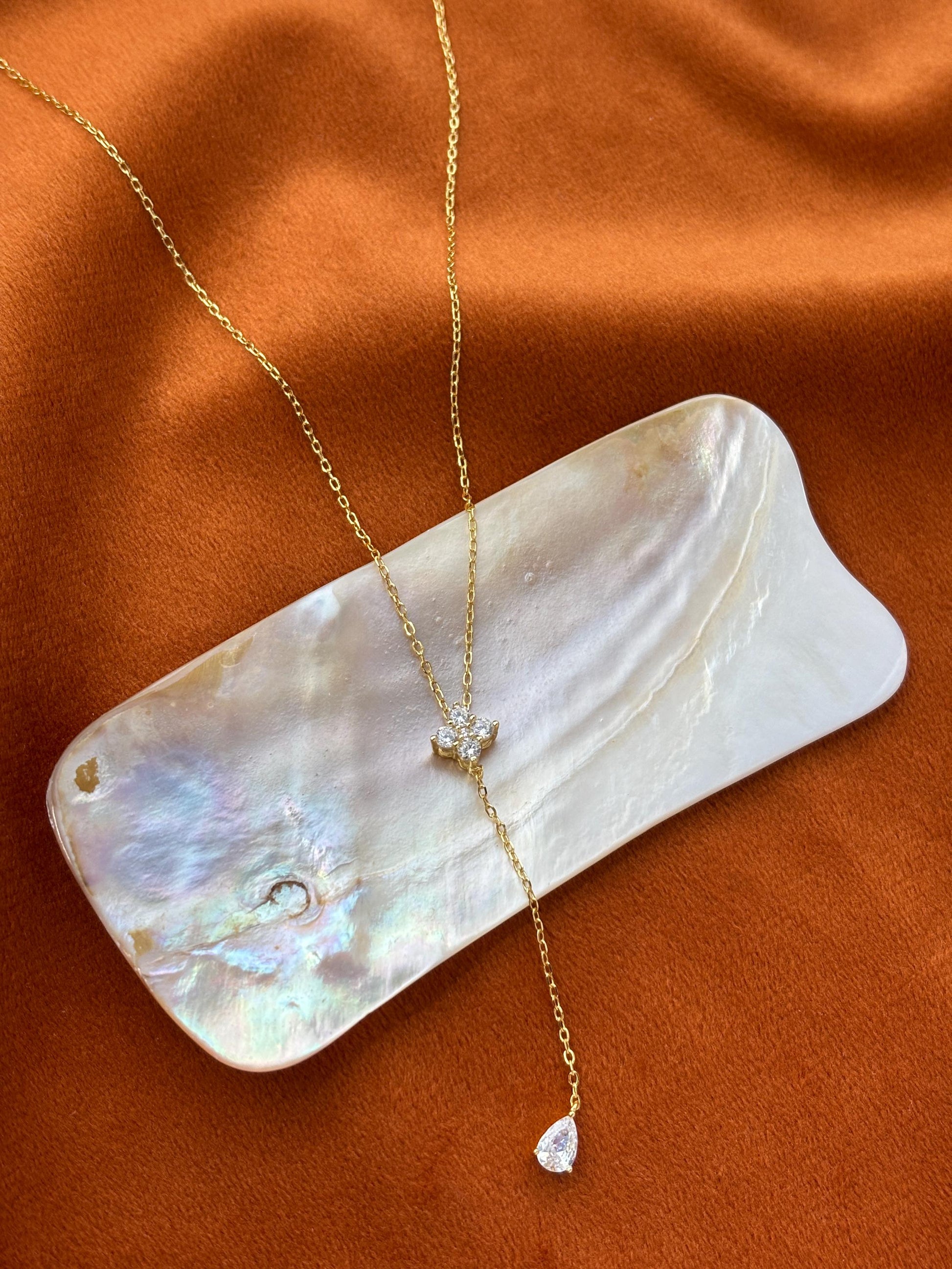 Dainty Clover Y Shaped Lariat Necklace, Gold Plated Silver Four Leaf Flower Clavicle Chain Necklace Jewelry, Elegant Bead Pendant Jewellery