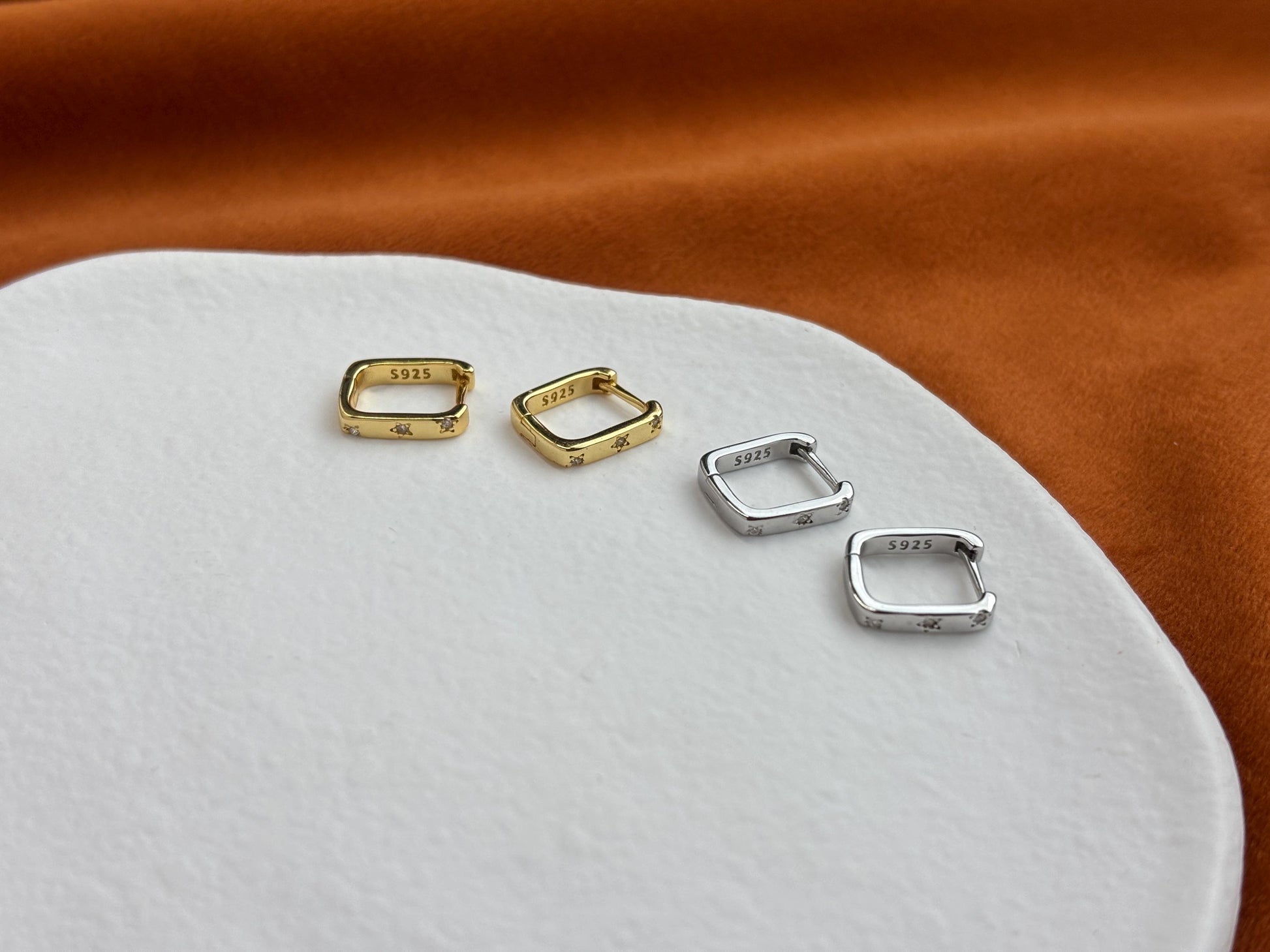 Dainty Shiny Star Square Huggie, Silver Rectangle Hoop Earrings, Daily Basic Geometric Hoop Jewelry, 18K Gold Plated 925 Silver Jewellery
