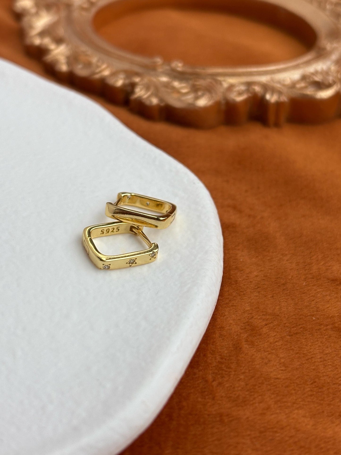 Dainty Shiny Star Square Huggie, Silver Rectangle Hoop Earrings, Daily Basic Geometric Hoop Jewelry, 18K Gold Plated 925 Silver Jewellery