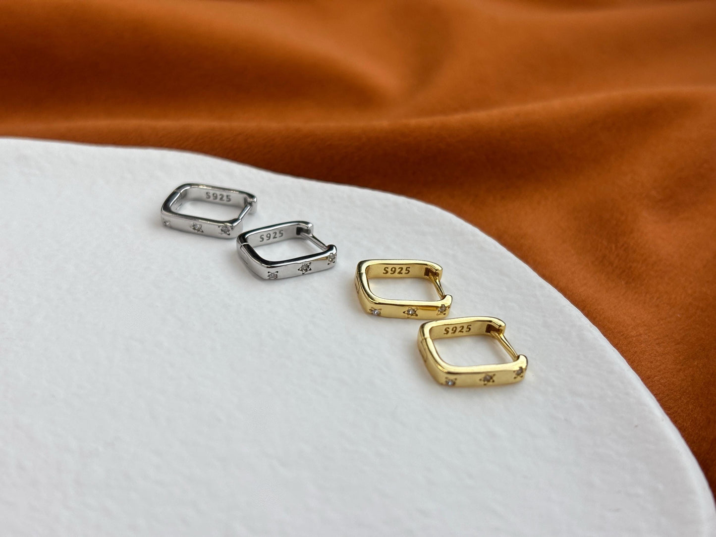 Dainty Shiny Star Square Huggie, Silver Rectangle Hoop Earrings, Daily Basic Geometric Hoop Jewelry, 18K Gold Plated 925 Silver Jewellery