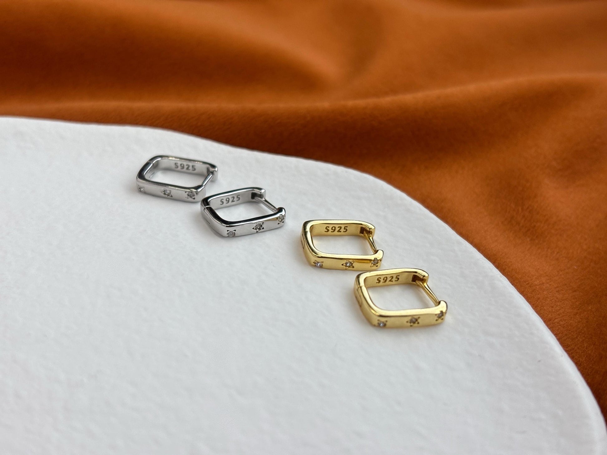 Dainty Shiny Star Square Huggie, Silver Rectangle Hoop Earrings, Daily Basic Geometric Hoop Jewelry, 18K Gold Plated 925 Silver Jewellery