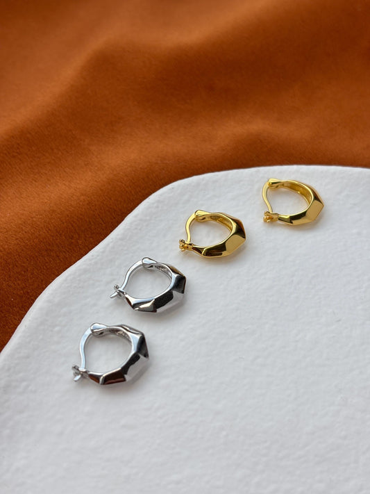 Dainty Silver Hexagon Hoops, Golden Polygon Minimalist Huggie, Irregular Geometric Jewelry, 18K Gold Plated 925 Silver Earrings Jewellery