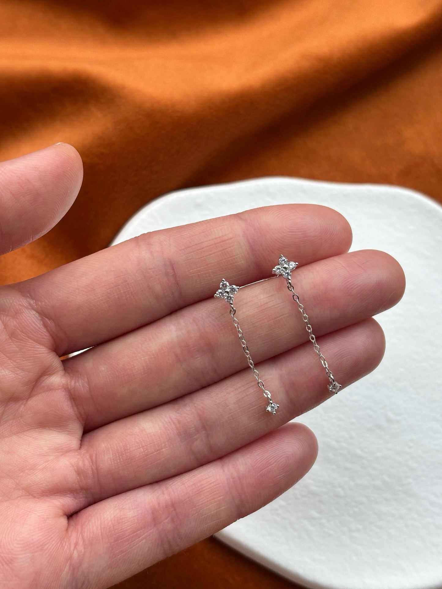 Dainty Cute Clover Drop Earrings, Silver Elegant Four Leaf Flower Dangle Stud Earrings Jewelry, Lovely Shiny Chain Tassel Earrings Jewellery