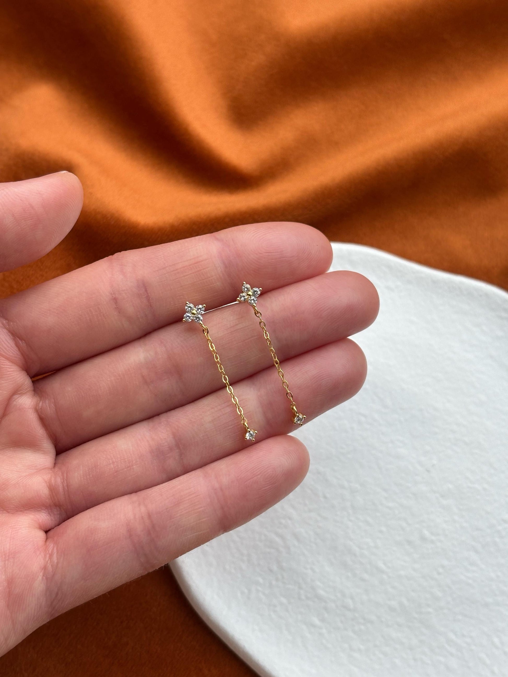 Dainty Cute Clover Drop Earrings, Silver Elegant Four Leaf Flower Dangle Stud Earrings Jewelry, Lovely Shiny Chain Tassel Earrings Jewellery