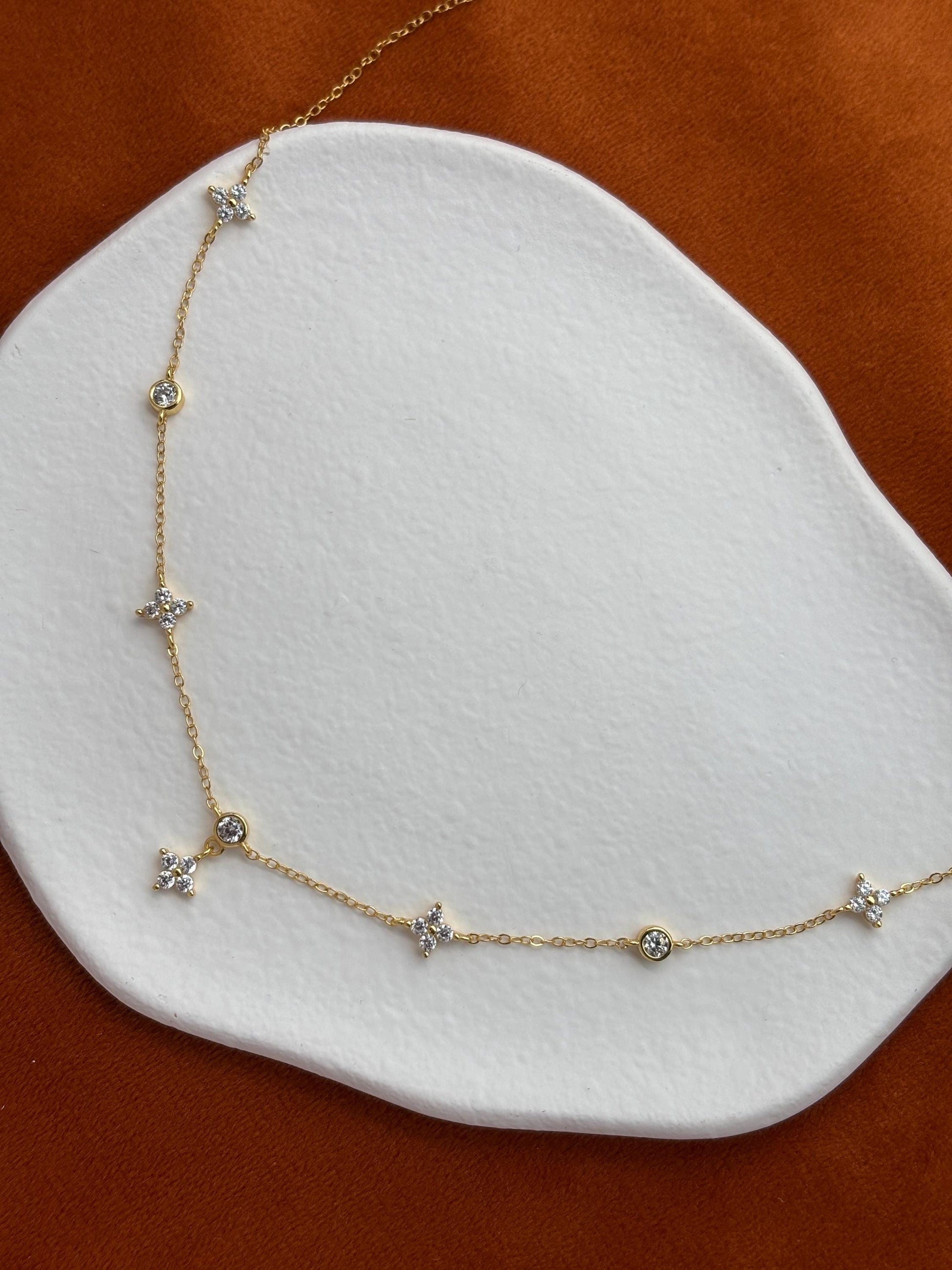 Silver Clover Necklace, Golden Flower Four Leaf Charm Necklace, Floral Gold Plated Sterling Silver Jewellery, Dainty Elegant Jewelry