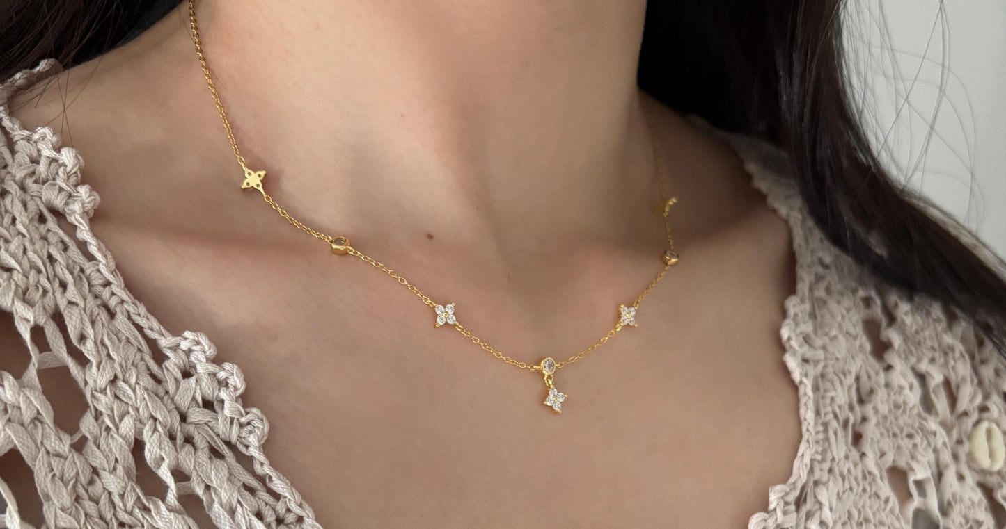 Silver Clover Necklace, Golden Flower Four Leaf Charm Necklace, Floral Gold Plated Sterling Silver Jewellery, Dainty Elegant Jewelry