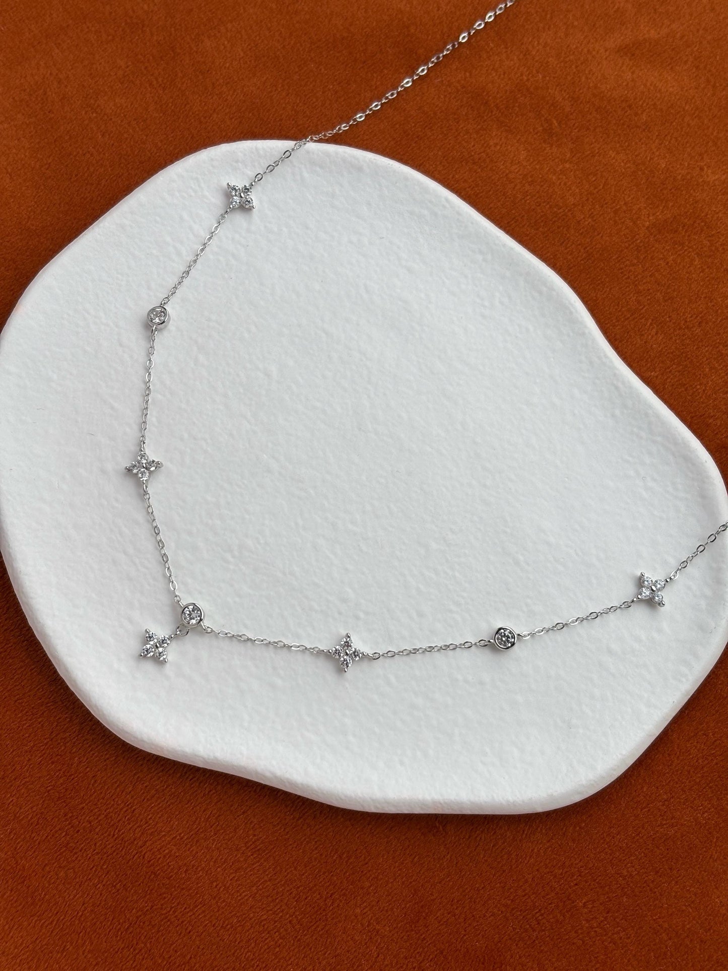 Silver Clover Necklace, Golden Flower Four Leaf Charm Necklace, Floral Gold Plated Sterling Silver Jewellery, Dainty Elegant Jewelry