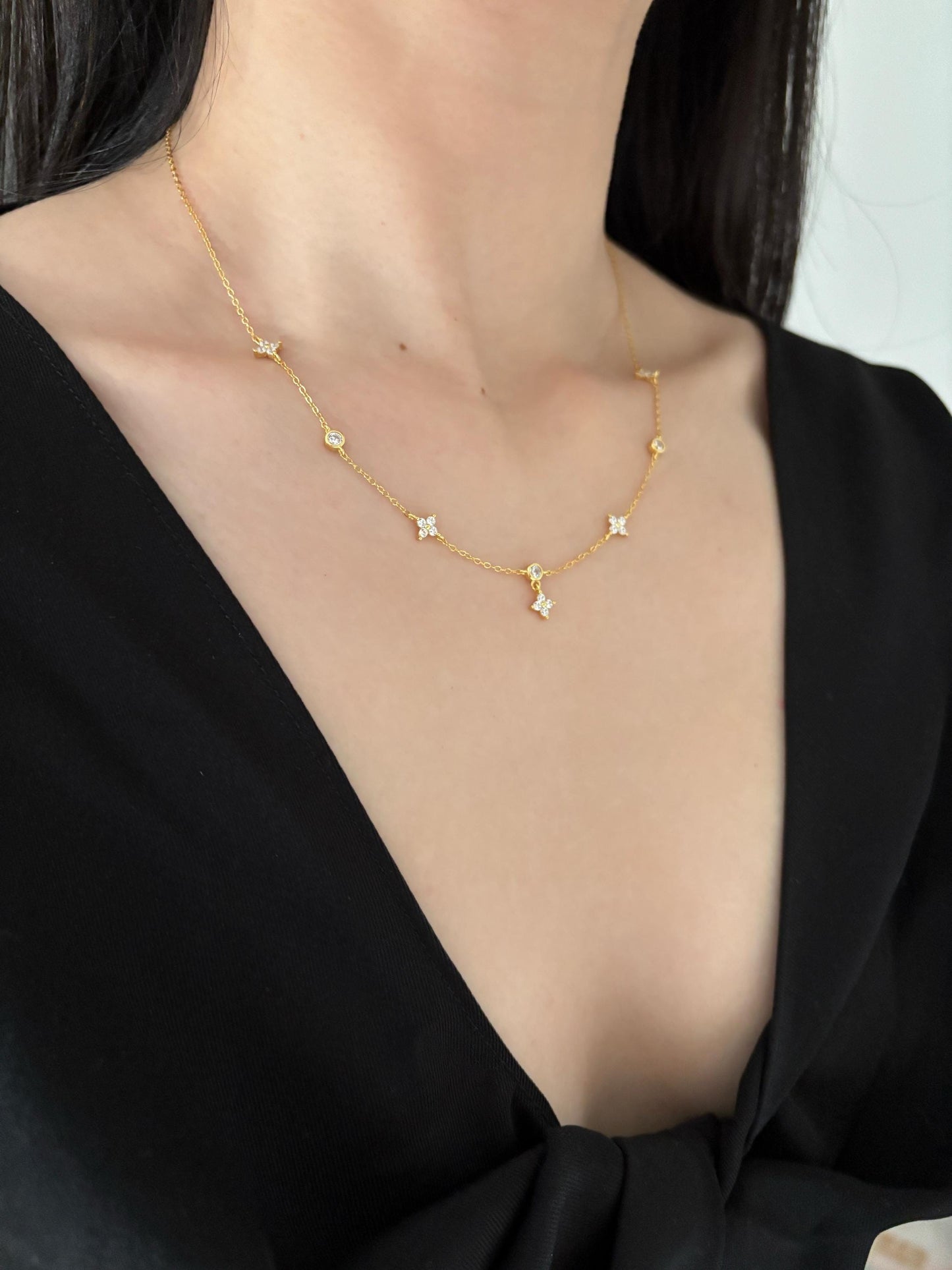 Silver Clover Necklace, Golden Flower Four Leaf Charm Necklace, Floral Gold Plated Sterling Silver Jewellery, Dainty Elegant Jewelry