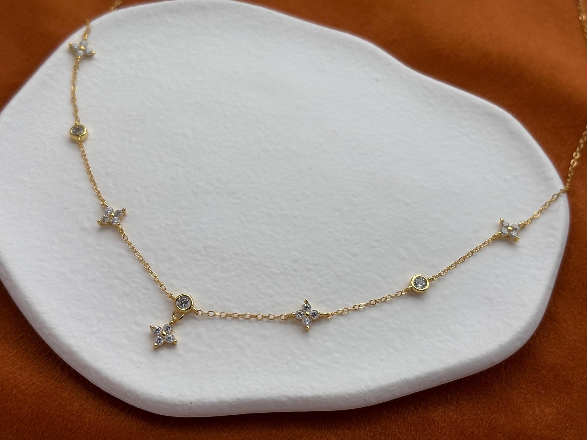 Silver Clover Necklace, Golden Flower Four Leaf Charm Necklace, Floral Gold Plated Sterling Silver Jewellery, Dainty Elegant Jewelry