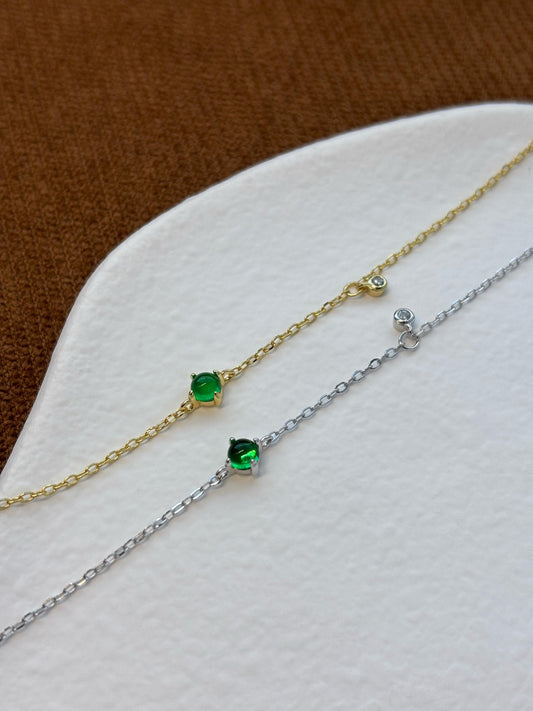 Sphere Emerald Bracelet, Dainty Retro Round Green Stone Chain Bracelet, 14K Gold Plated Sterling Silver Jewellery, Elegant Vintage Jewelry
