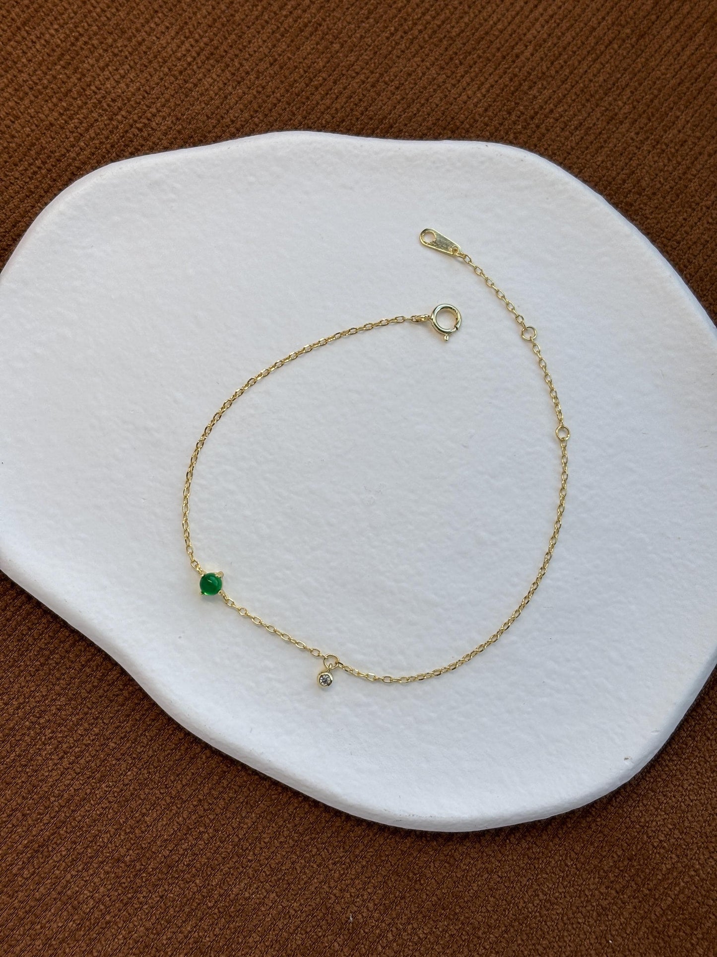 Sphere Emerald Bracelet, Dainty Retro Round Green Stone Chain Bracelet, 14K Gold Plated Sterling Silver Jewellery, Elegant Vintage Jewelry