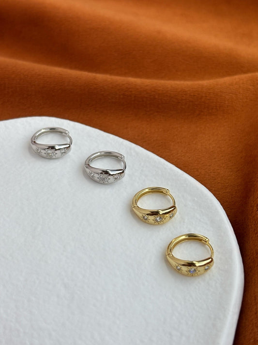 Dainty Star Hoop Earrings, Shiny Octagram Star Huggie, Sun Flower Earrings Jewelry, 18K Gold Plated Sterling Silver Sparkling Star Jewellery