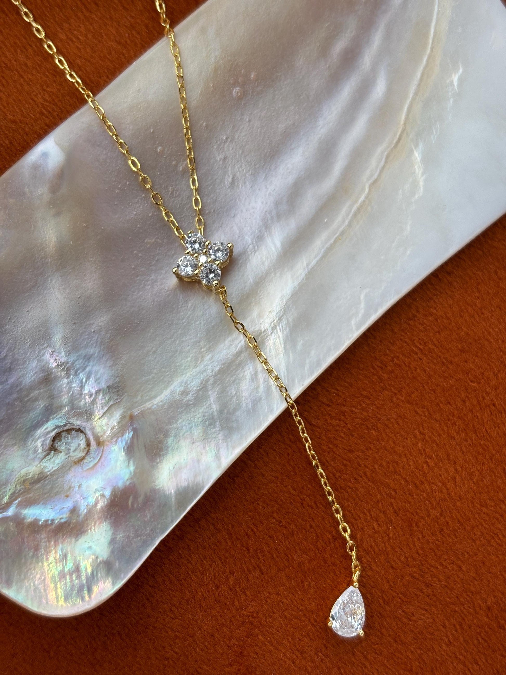 Dainty Clover Y Shaped Lariat Necklace, Gold Plated Silver Four Leaf Flower Clavicle Chain Necklace Jewelry, Elegant Bead Pendant Jewellery